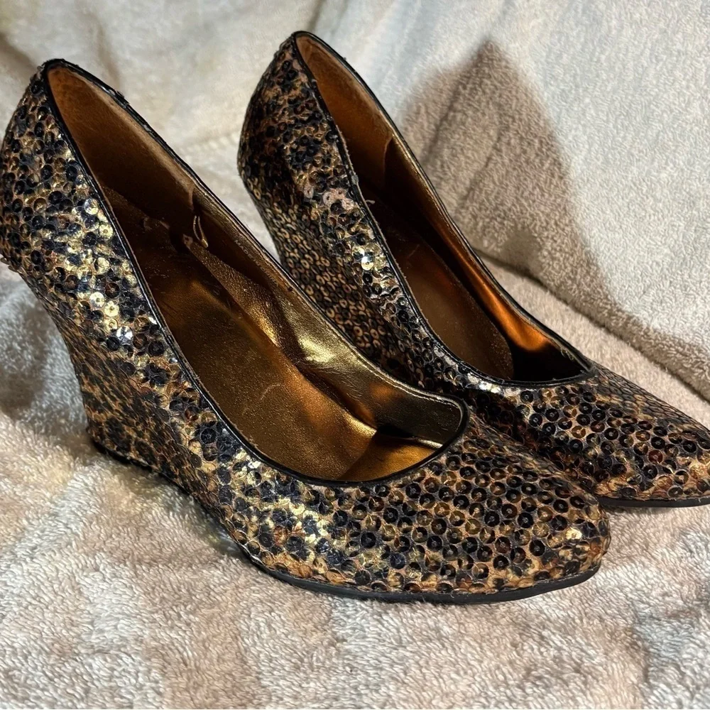 Chic Brown and Black Wedge Heels with Sequined Glamour